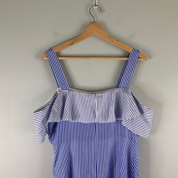 J.Crew Collection Stripe Silk Dress Blue Cold Shoulder Midi Layer Hem Med 10 M - Picture 6 of 12